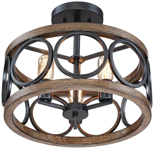 Salima Rustic Ceiling Light Semi Flush Mount Fixture 16" Black Wood 3-Light LED - Picture 5 of 8