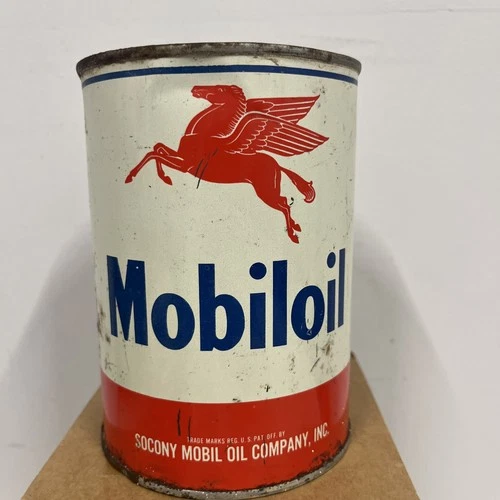 Vintage MOBILOIL MOBIL Oil One Quart Oil Can  Metal Garage Gas Station  FULL