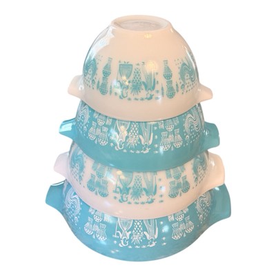 Set of 4 PYREX Amish Butterprint Turquoise Blue White Cinderella