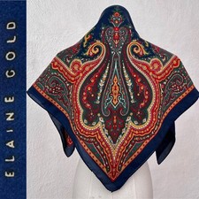 Vintage 90s Elaine Gold Classic Paisley Silk Square Scarf Navy Blue, Red, Gold