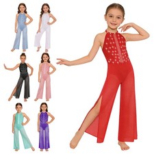 Girls Lyrical Latin Dance Costume Shiny Rhinestones Sleeveless Wide-leg Romper