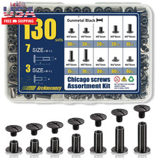 130 Sets Gunmetal Black Chicago Screws Leather Rivets Kit, 7 Sizes M5 4,5,6,8,1
