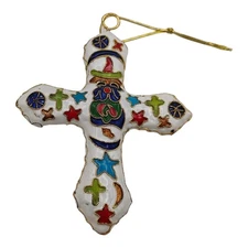 Cloisonne Cross Ornament White Christmas Stars 