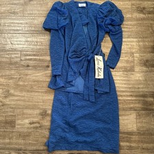 80s Lorrie Kabala Women 8 Blue Ruffled Puff Sleeve 2 pc blouse skirt dress