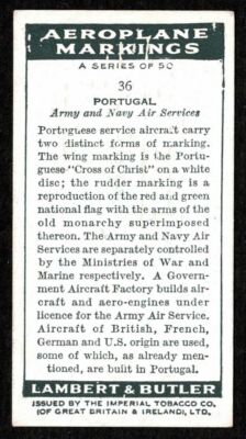 Imperial Tobacco Aeroplane Markings Card - No. 36 Portugal Army and Navy  Air