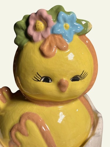 Vintage Ceramic Chick In Egg Trinket Box With Floral Accents - Picture 2 of 15