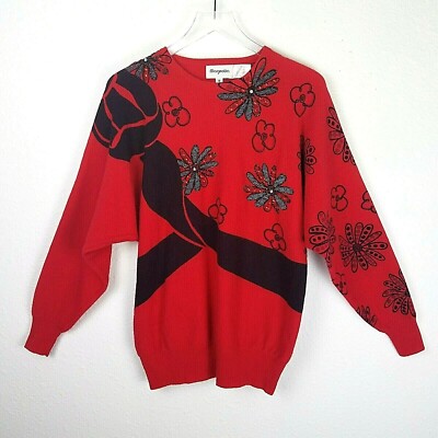 MAGNOLIA VTG Women's Sweater M Red Black Beaded Lambswool Angora 