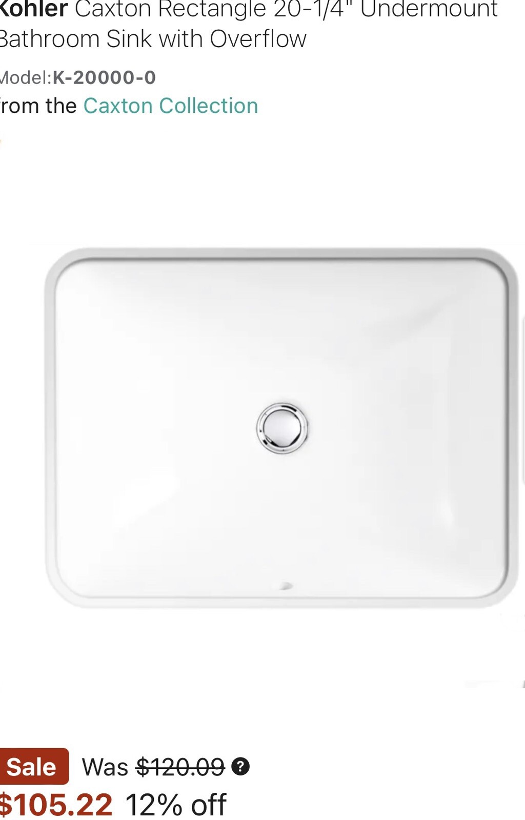 Kohler K200000 Caxton Rectangle 201/4" Undermount Bathroom Sink with