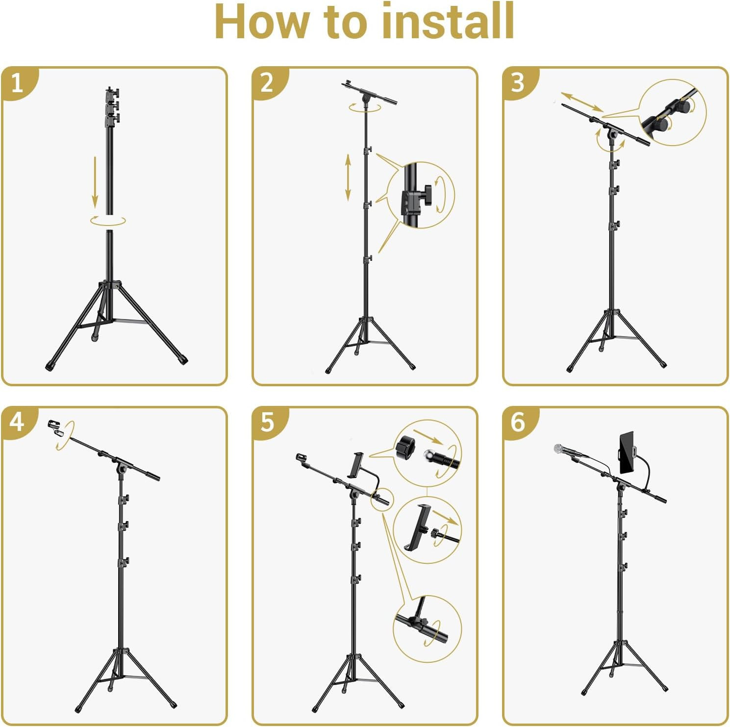 Soporte para micrófono con soporte para tableta, brazo de trípode para suelo