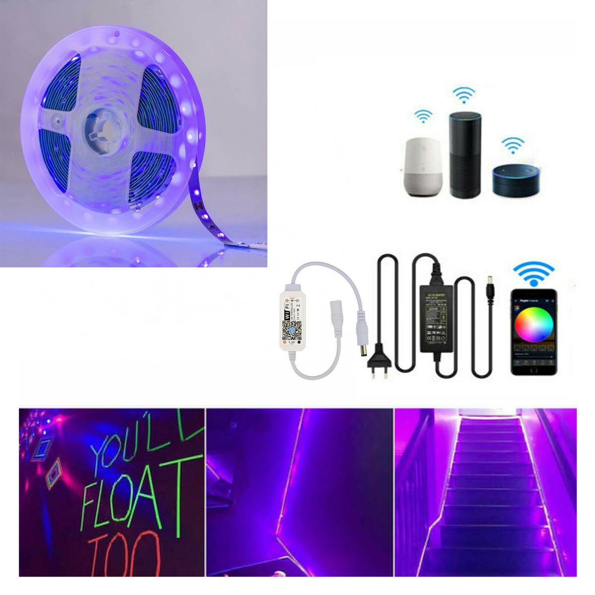 5M UV Schwarzlicht LED Streifen Leiste Mit 12V Netzteil Stripe 2835 SMD