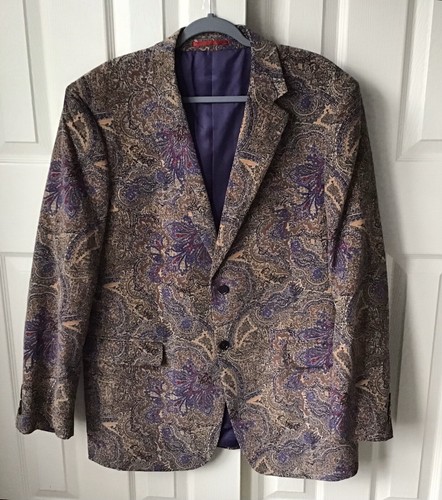 Alan Flusser Blazer Sport Coat Mens XL Tan Purple Paisley Corduroy Jacket - Picture 2 of 13