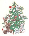 Ceramic Decals Christmas Tree Fawn Animal Friends Bunny Chipmunk Bird Scene