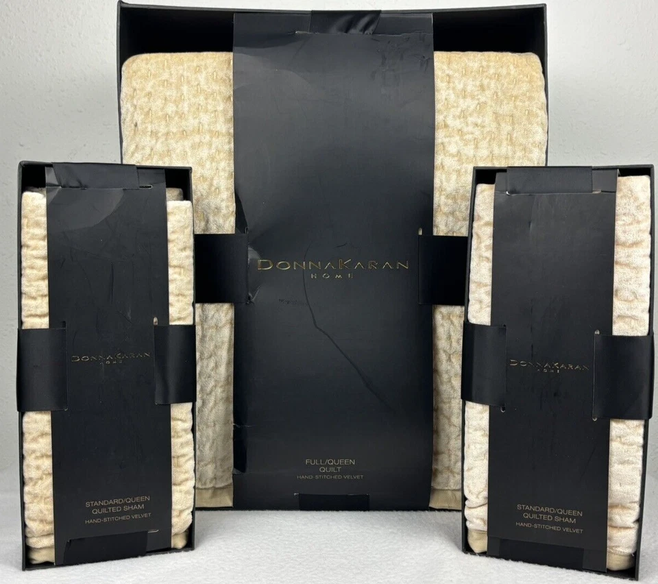 Juego de edredón de terciopelo suave Donna Karan Queen fundas satén dorado puntada a mano algodón Foto 3 de 4