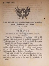 Decree Kingdom of Italy - Adds a road to the provincial list of Turin 1885