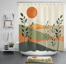 Green Leaf Moon Minimalist Mid Century Shower Curtain Set for Bathroom Decor