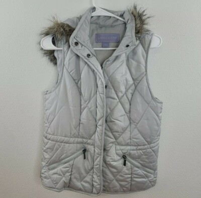 Laura Scott Quilted Puffer Vest Jacket Faux Fur Attached Hood Women Large  Grey
