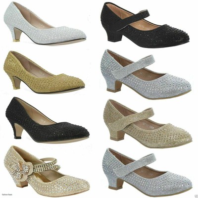 Children S Girls Kids High Mid Heel Diamante Party Shoes Bridesmaid Sandals Size Ebay