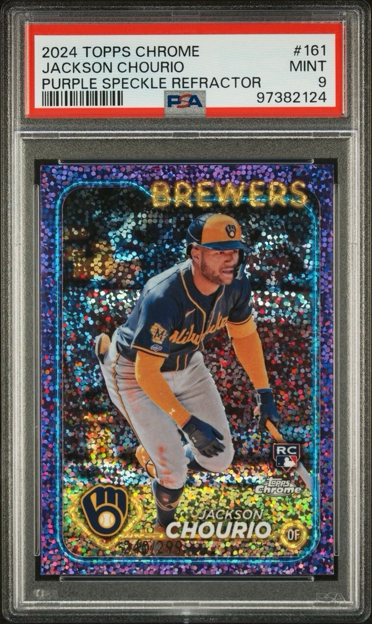 2024 Topps Chrome #161 - Jackson Chourio RC Purple Speckle Refractor /299 PSA 9