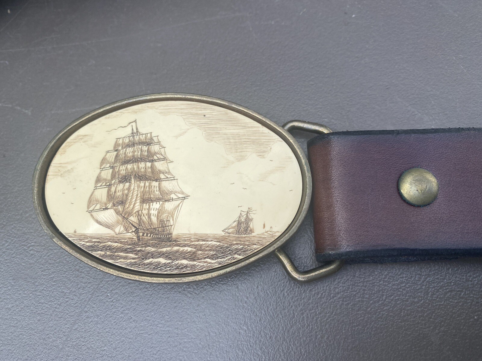 VINTAGE BARLOW NAUTICAL SHIP BELT BUCKLE & LEATHER BE… Gem