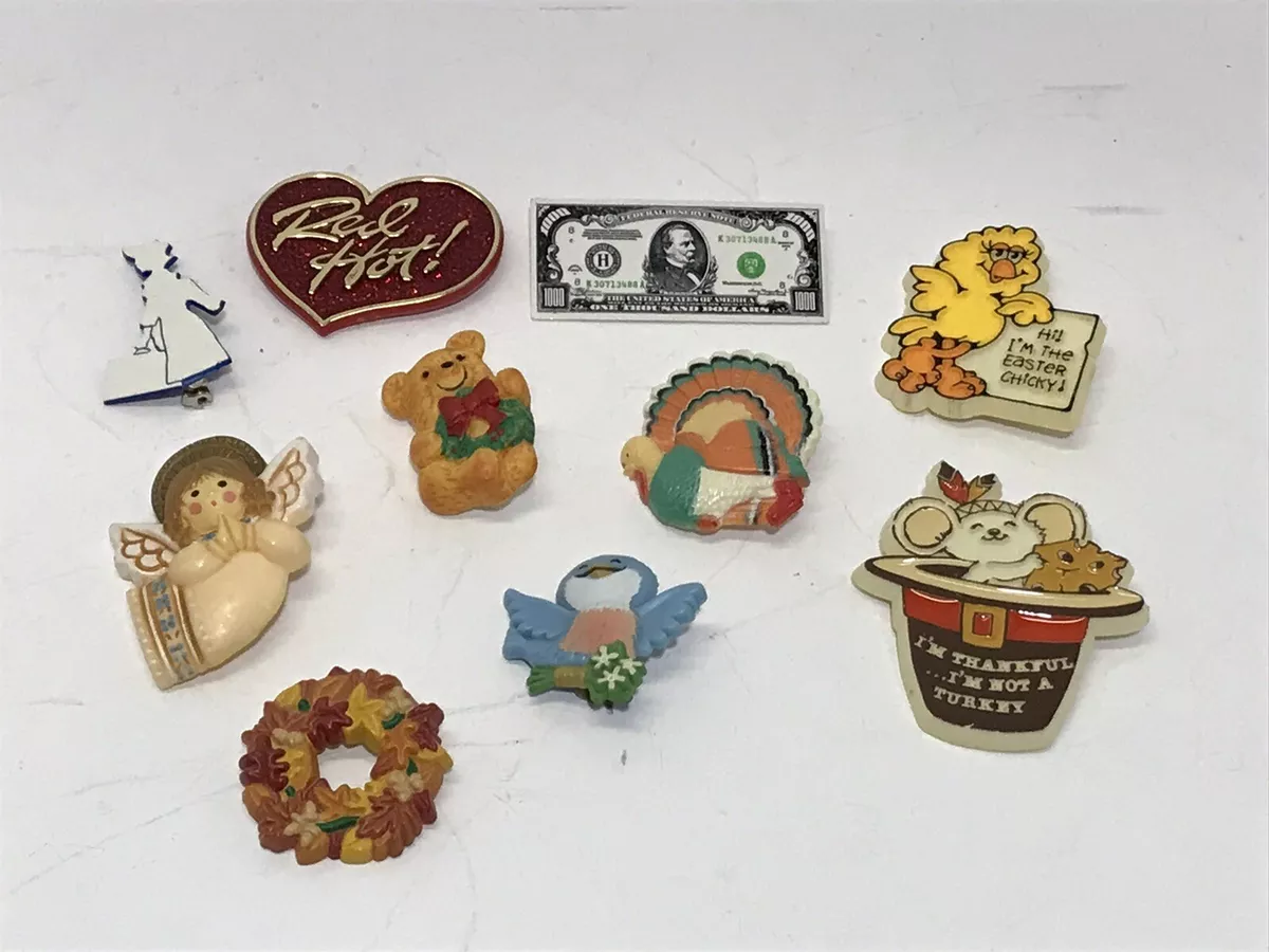 Vintage PLASTIC BROOCHES Greetings Whimsical Novelty Holiday Money Heart Birds