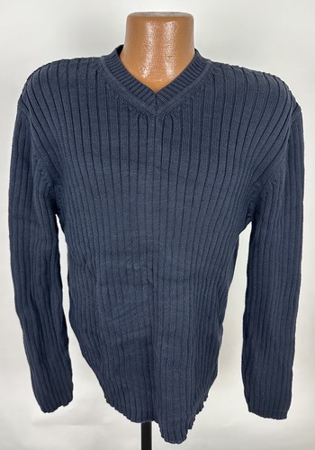 Vintage STRUCTURE Ribbed V-neck Sweater XL Tight Fit Dark Navy Blue 90s Y2K Dad