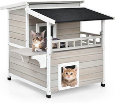 Outdoor Cat House Wooden, 2-Story outside Cat Shelter Condo Enclosure with Escap