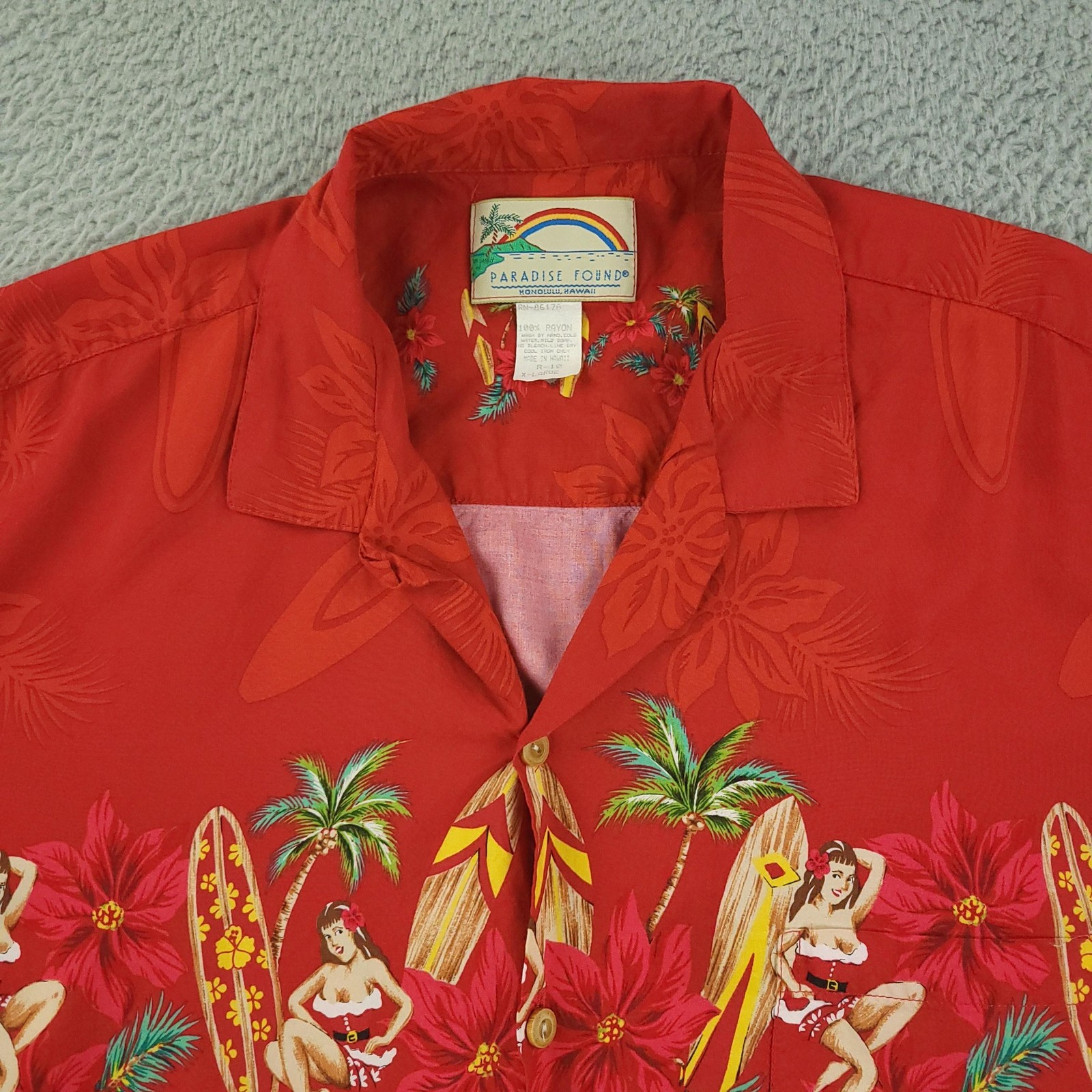 Paradise Found Shirt Mens XL Red Hawaiian Christmas Pin Up Short Sleeve Rayon