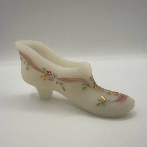 Vintage Fenton Uranium Glass Shoe Custard Satin Hand Painted By D. Yevel