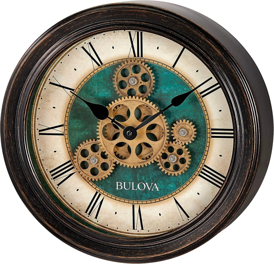 Round 12.8" Bronze-Gear Wall Clock with Aged Green Dial and Roman Numerals - Image 4 of 4