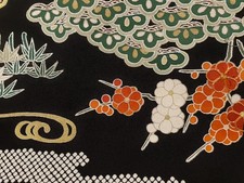 vintage japanese kimono silk fabric, bamboo & blossom design,  168 x 36cm