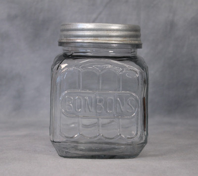 Vintage Original Glas Bonbon Glas mit silbernem Aluminiumdeckel BONBON Schriftzug