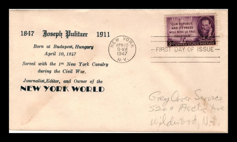 JOSEPH PULITZER 1947 FDC FIRST DAY OF ISSUE 3C STAMP NEW YORK