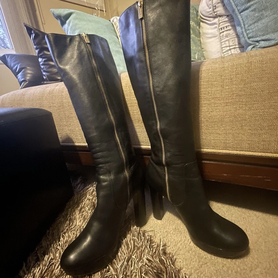 Michael Michael Kors Mujer’s Plataforma Botas Altas Tacón Bloque Cuero Negro Talla 9 Foto 4 de 4