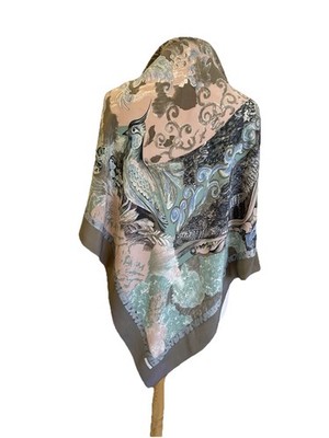 CODELLO Large Scarf Vintage Bird Pheasant Peacock Art Print Brown Pink Gray #A99