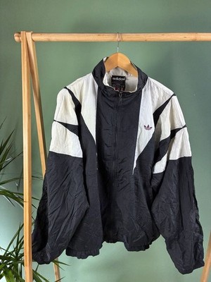 Vintage 80s Adidas Trefoil Nylon Track Jacket Black White Size L