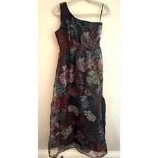 SHEIN One Shoulder Maxi Dress Floral Chiffon Overlay Black Lining Fairy Womens S