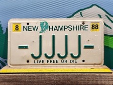 1988 New Hampshire Vanity License Plate -JJJJ- Repeating Letters Live Free Die