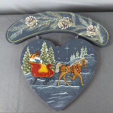 Hand Painted Heart Shaped Christmas Holiday Decor Sign Santa Sleigh Pinecones