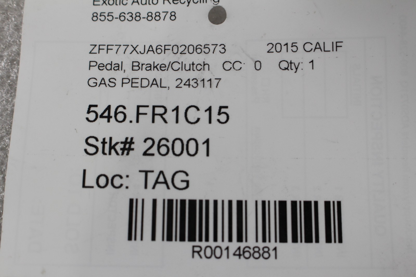 Ferrari F8, 458, 488, California, FF, Accelerator Pedal, Used, P/N 243117