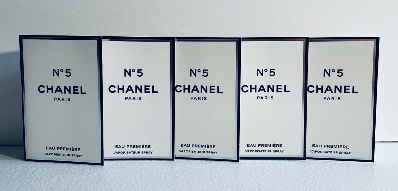 5 X Chanel No 5 Eau Premiere EDP Parfum, 1.5 ML samples on Card Discontinued.