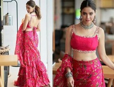 Designer Pre-Stitched Ruffle Saree Floral Patterned ReadyMade Frill Lehenga Sari