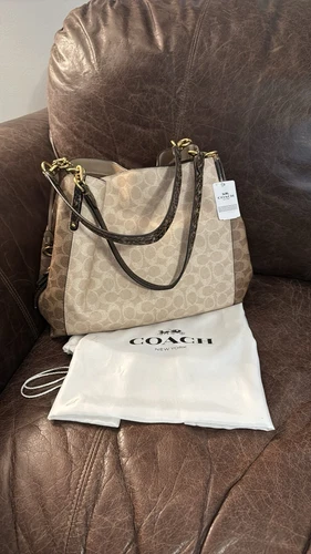 Borsa a tracolla Coach firmata in blocco colore marrone chiaro e sabbia.