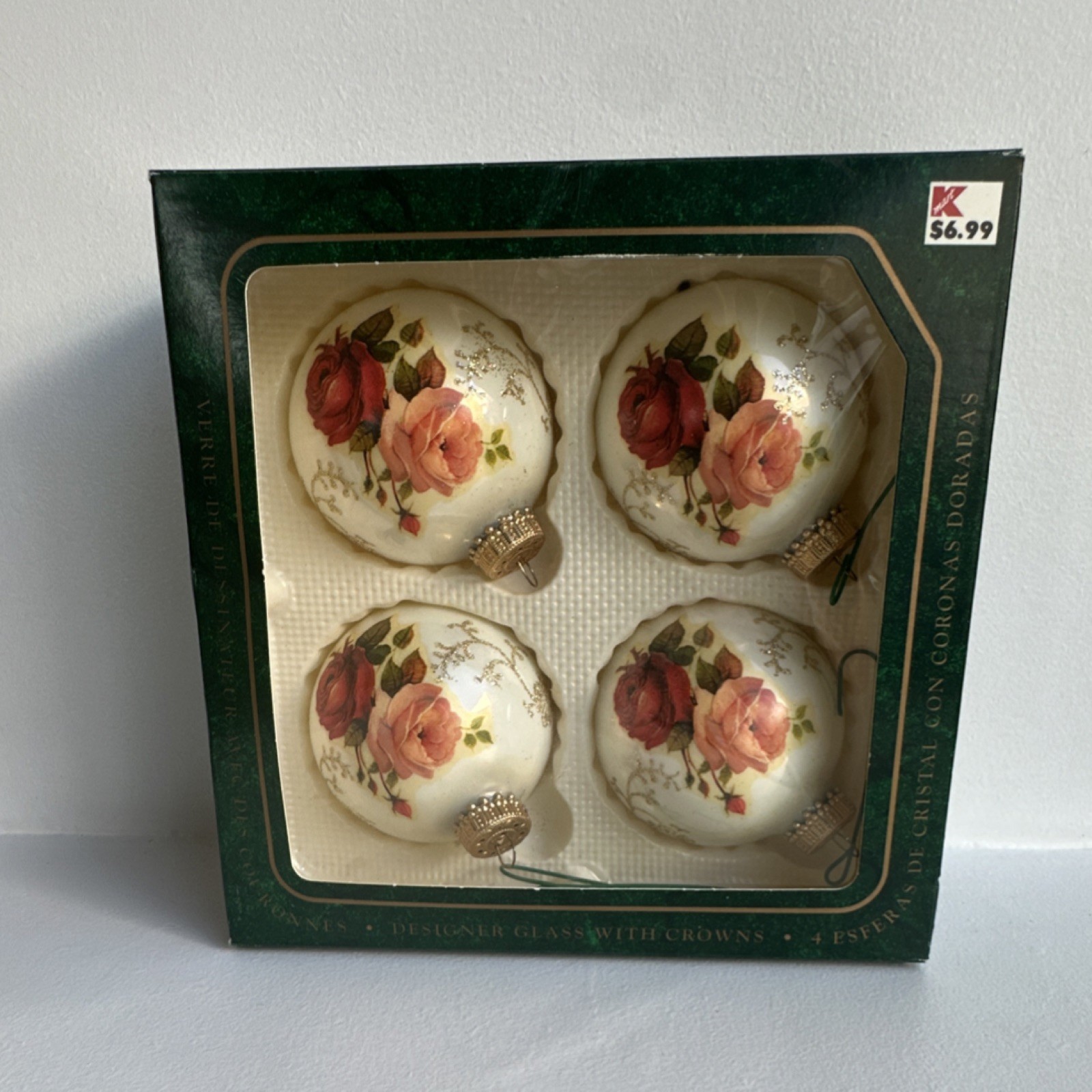 Krebs Glass Christmas Ornaments Roses Design Set of 4 Hand Blown Bohemia