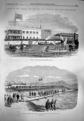 Alter antiker Druck 1869 Prinz Wales Suez Gewässer Mittelmeer Bitter See 19.