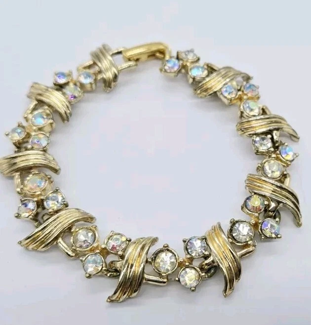 Pulsera Tenis Cristal Blanco Estrás Tono Dorado 7 pulgadas Texturizado Vintage Foto 3 de 4