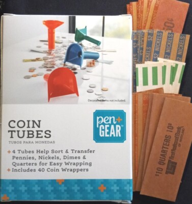 Pen + Gear Coin Sorting Plastic Tubes with 40 Paper Wrappers NEW + 34 Vintage 