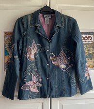 Indigo Moon Blue Denim Pink Butterfly Embroidered Lined Jacket S 12 14 East