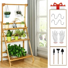 Heavy Duty 3 Tier Folding Shelf Plant Stand Bamboo Flower Display Rack Bookcase