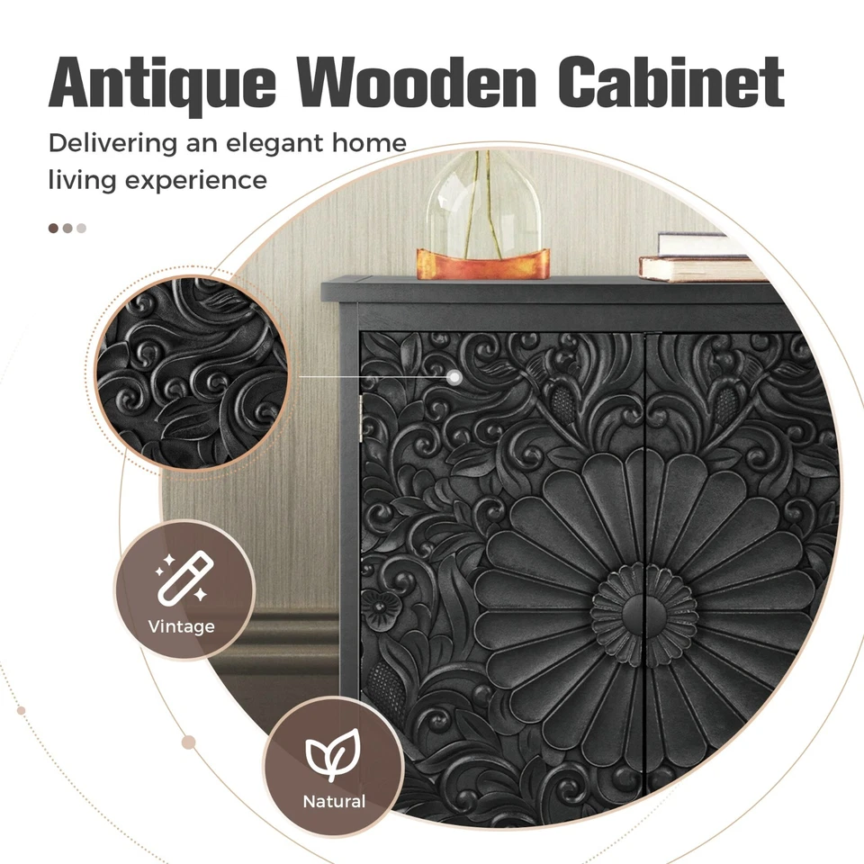 Aparador Buffet Vintage Almacenamiento 2 Puertas Negro Flor Talla Almacenamiento Envejecido Foto 4 de 4