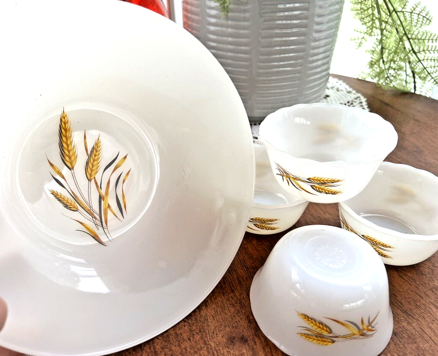 Vintage Fire King Wheat Pattern Milk Glass Set - 4 Custard Bowls & Serving Dish
